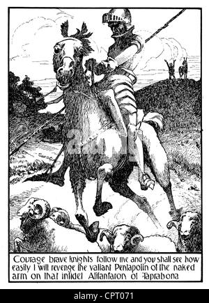 Quixote, Don, character in a novel by Miguel Cervantes Saaverdra (1547 - 1616), ink drawing by 'Nimrod' (2nd prize at a drawing contest), 1910, Stock Photo