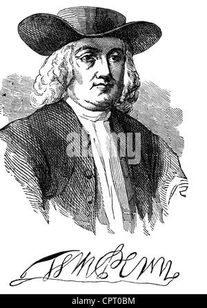 Penn, William, 14.10.1644 - 30.7.1718, English theologian (Quaker), portrait, wood engraving, 19th century, Stock Photo