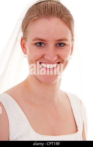 Young beautiful bride is posing over white background Stock Photo