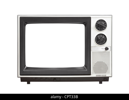 1980's portable television set with empty screen isolated .