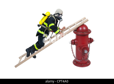 Fireman in protective gear climbing a ladder leaning on a fire hydrant - path included Stock Photo