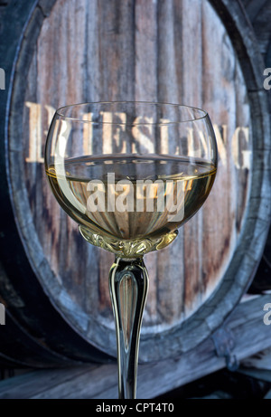 Riesling wine tasting glass in winery cellar situation with 'Riesling' labeled oak wine barrel behind Stock Photo