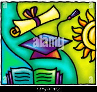 A graduation cap, diploma, book, and sun Stock Photo