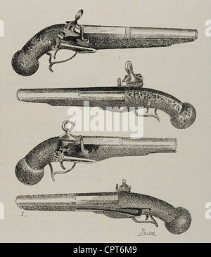 Ancient weapons. 18th century. From top to bottom: Catalan pistol, Arab pistol, Catalan pistol and French pistol. Stock Photo
