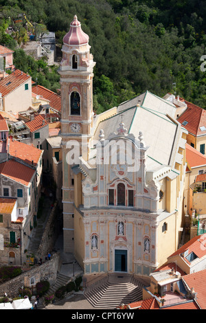 AERIAL VIEW. San Giovanni Battista Church, also known as Corallini (coral) Church. Cervo, Imperia Province, Liguria, Italy. Stock Photo