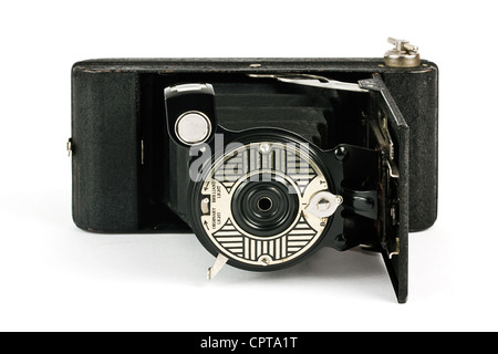 Antique fold away camera on a white background Stock Photo