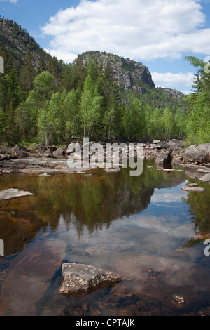 Beautiful spring Norway mountains and river with melting snow on tops ...