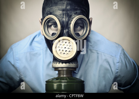 portrait of man wearing classic russian gas mask Stock Photo