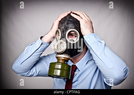 portrait of man wearing classic russian gas mask Stock Photo