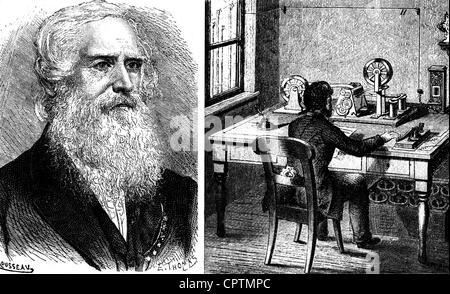 Morse, Samuel, 27.4.1791 - 2.4.1872, American inventor, double image, left: portrait, right: telegraphs office, 1860, Stock Photo
