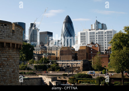 the Gherkin building, 30 St mary Axe, viewed from the Tower of London Stock Photo