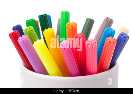 Group of color felt-tipped pens in a white cup, white background, isolated Stock Photo