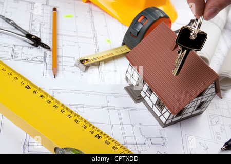 Building tools over blueprints Stock Photo