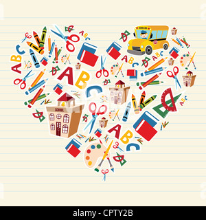 Set of school tools and supplies in heart shape background. Vector file layered for easy manipulation and custom coloring. Stock Photo