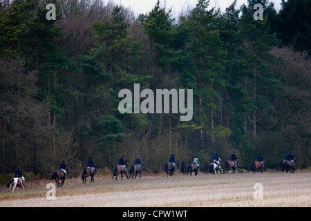 Members of the Heythrop Hunt at a meet in Swinbrook in The Cotswolds, Oxfordshire, United Kingdom Stock Photo