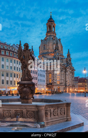 View from Turks fountain to Church of Our Lady, viewed from Johanneum, Dresden, Saxony, Germany, Europe Stock Photo