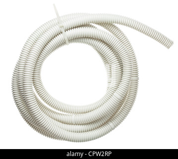 Plastic corrugated pipe, tube for cable protection in electrical installation. Stock Photo