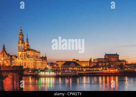 View over the Elbe river to the Semper Opera House and the Catholic Court Church, Dresden, Saxony, Germany, Europe Stock Photo