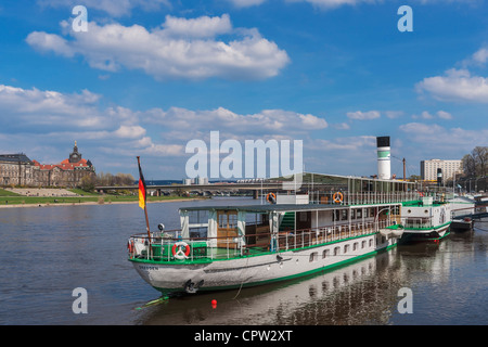 1926 built paddle wheel steamer Dresden at the landing place Terrassenufer, Dresden, Saxony, Germany, Europe Stock Photo