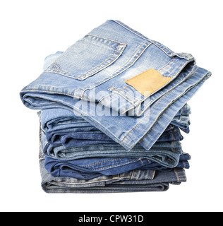 Jeans trousers stack on white background Stock Photo