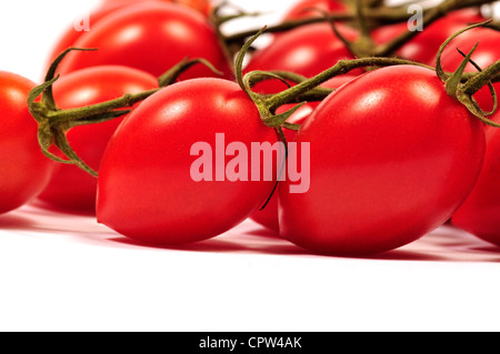 Organic vine-ripened Roma tomatoes on the vine. Stock Photo