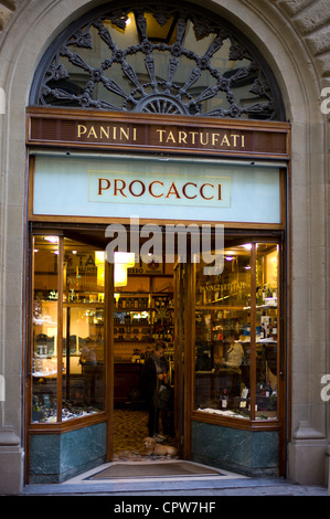 Window display of high class Procacci bar and coffee shop selling panini tartufati in Via Tornabuoni, in Florence Tuscany, Italy Stock Photo