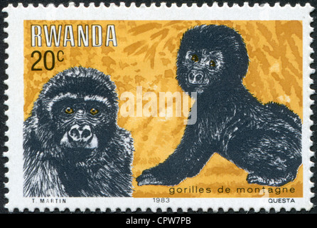 RWANDA - CIRCA 1983: Postage stamps printed in Rwanda, shows a young Mountain gorilla, circa 1983 Stock Photo
