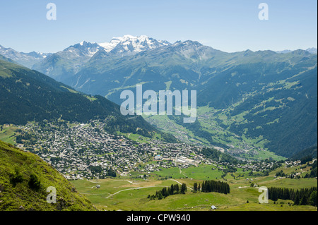 View of Verbier high above Verbier, Swiss mountains, Switzerland Stock Photo