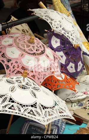 Lace parasols for sale in the municipal market , Paphos, Cyprus Stock Photo