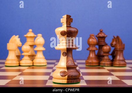 Chess Board with teams of black and white pieces, king is half and half, with jigsaw pattern dividing the two colours. Stock Photo