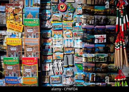 Guidebooks, maps and souvenirs on sale at stall in Piazza di San Giovanni, Tuscany, Italy Stock Photo