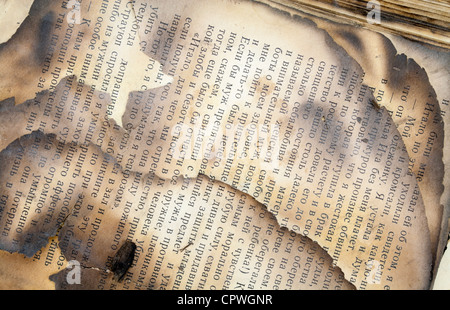 Burned Russian mass production old retro book background Stock Photo