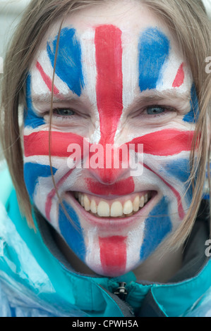 Queen Elizabeth Diamond Jubilee celebrations.A young girl with her face painted in the union jack colors of red, white and blue