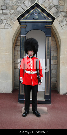 Windsor castle - The Upper Ward State Apartments - Coldstream Guardsman on guard duty  with a sentry box Stock Photo