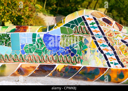 Barcelona Park Guell of Gaudi tiles mosaic serpentine bench modernism Stock Photo