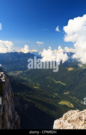 aerial view of Primiero valley from Fiera di Primiero to San Martino di Castrozza, Italian Dolomites Stock Photo