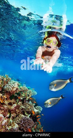 Happy female woman snorkeler diving among corals and fishes Stock Photo