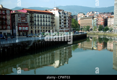 A view in Bilbao, Spain, from the Town Hall bridge towards the Old Town and the river Bilbao (or Nervion) Stock Photo