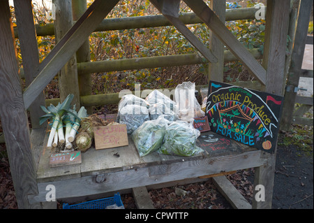 Produce on sale at a farm gate at Embercombe near Haldon in Devon Stock Photo