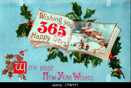 With Best New Year's Wishes - Wishing you 365 Happy Days - vintage card Stock Photo