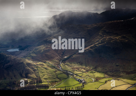 Langdale & Blea Tarn from the peak of Harrison Stickle, Langdale Pikes, Lakes District National Park, Cumbria, England Stock Photo