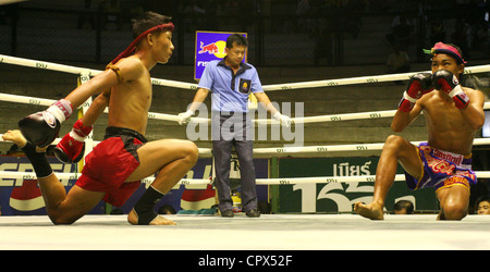 Muay Thai boxers in preparation for a bout in the Rajadamern Stadium in Bangkok, Thailand. Stock Photo