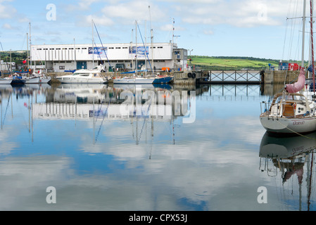 Penzance inner harbour boats calm still sea water reflections. Stock Photo