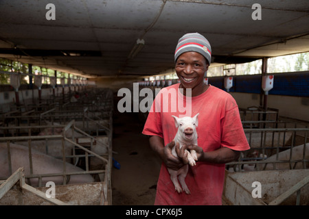 African farmworker standing inside an abattoir, holding a piglet, smiling Stock Photo