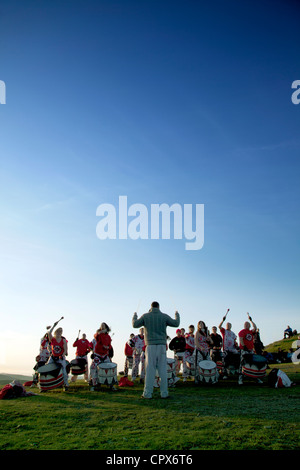 Batala Liverpool the Brazilian Samba drums on top of Moel Famau for the Diamond Jubilee Celebrations playing on the highest point of  Clwydian Range Stock Photo