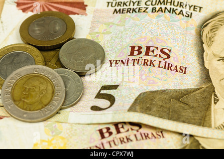 Turkish Lira bank note and coins Stock Photo