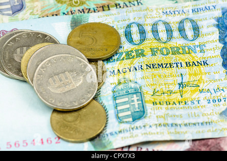 Hungarian Forint bank note and coins Stock Photo