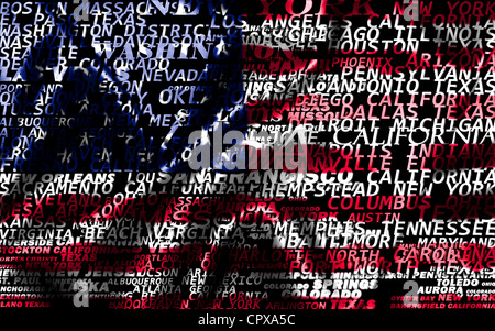 USA word cloud from city names in flag version Stock Photo