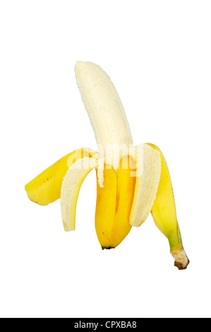 Picture shows a single banana peeled and standing Stock Photo