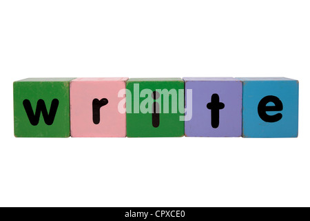 toy letters that spell write against a white background with clipping path Stock Photo